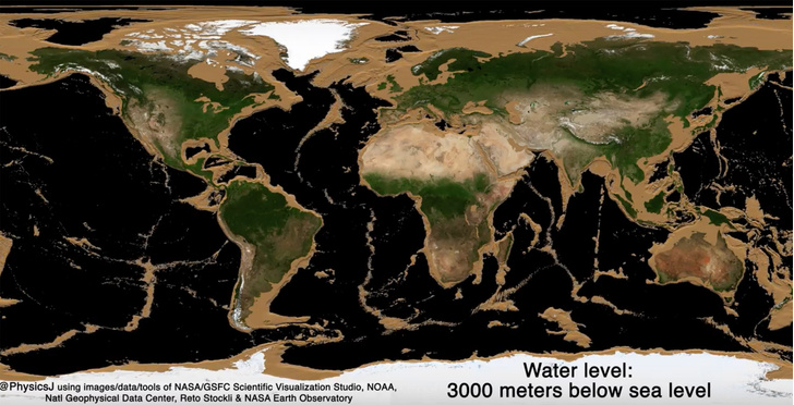 Как будет выглядеть карта Земли, если уровень океана упадет на 100 метров и ниже