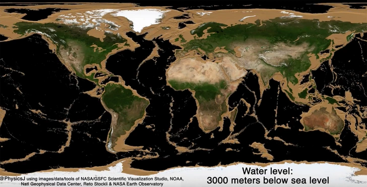 Как будет выглядеть карта Земли, если уровень океана упадет на 100 метров и ниже
