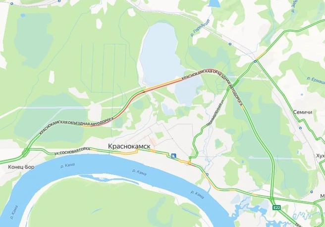 Ситуация на дороге под Краснокамском | Источник: yandex.ru / maps