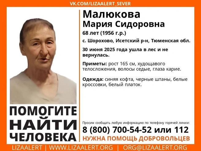 Марию Сидоровну ищут с 30 июня | Источник: Поисковый отряд «ЛизаАлерт» Тюменской области / Vk.com