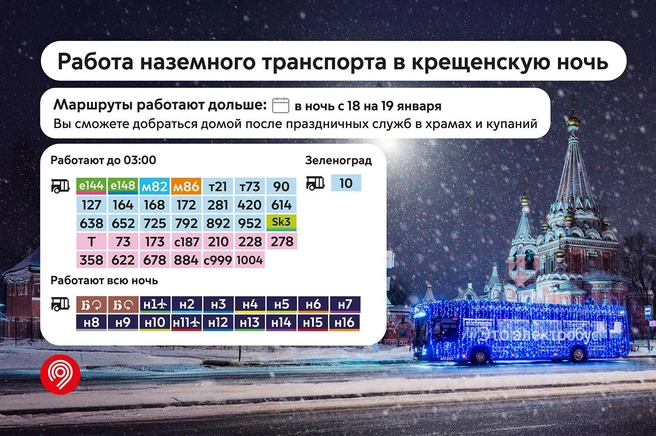 Номера всех автобусов Москвы, которые будут работать в Крещенскую ночь | Источник: mos.ru
