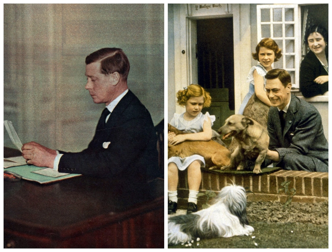 Эдуард VIII в своем кабинете в Йорк-Хаусе, Сент-Джеймсский дворец, на первой странице еженедельного выпуска The Times, 1936; Георг VI и его семья у игрового домика принцесс, 1930-е | marieclaire.ru