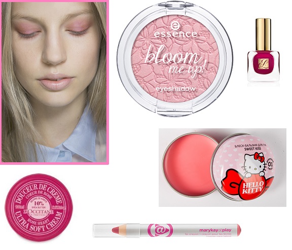 Модель Burberry. Тени для век Essence Bloom me up!, Лак для ногтей Estee Lauder, Бальзам для губ Hello Kitty, Крем для тело L'occitane Rose heart, Карандаш для губ Mary Kay at play