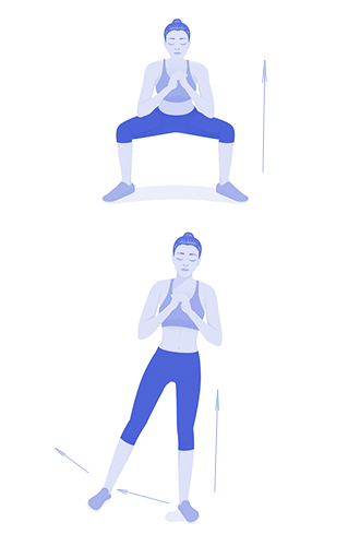 Приседания с отведением ноги в сторонуУчащает сердцебиение и прорабатывает внешнюю поверхность бедра. Встаньте прямо, ноги на ширине плеч. Затем плавно присядьте, после чего поднимитесь, отведя левую ногу в сторону (почувствуйте напряжение в ягодицах). Опустите ногу, присядьте снова и повторите то же самое с правой ногой.