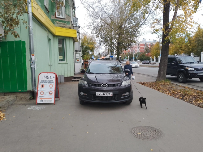 Дама с собачкой обходит Mazda с философским спокойствием: тротуары на Богдашке широкие, хватит и для троих автохамов | Источник: читатель НГС