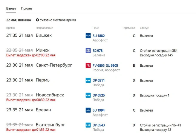 Расписание на вылет из Шереметьево | Источник: «Яндекс. Расписание»