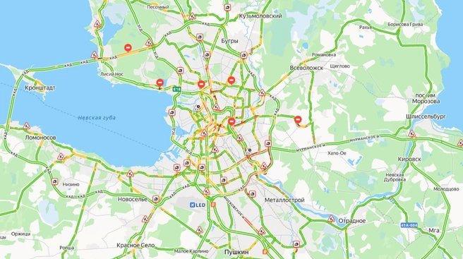 В Петербурге все еще держатся пятибалльные пробки. Где сейчас особенно плотно | Источник: Яндекс.Карты