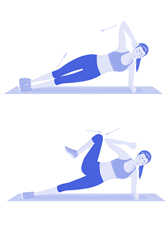 Боковая планка с подъемом коленаУпражнение разрабатывает боковые мышцы пресса. Встаньте в боковую планку на левую руку: ноги вместе, туловище прямое, локоть под плечом, правую руку поместите за голову. Одним движением приподнимите правое колено к правому локтю, в это время у вас должны работать косые мышцы живота. Повторите 10 раз, после чего смените сторону.
