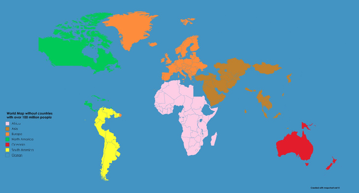 Как выглядит карта мира без стран с населением больше 100 миллионов человек