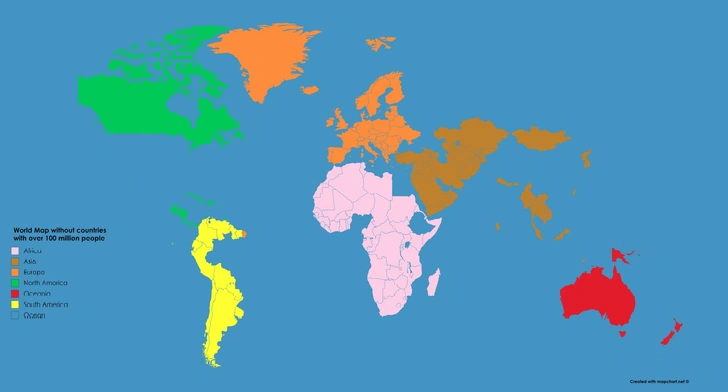Как выглядит карта мира без стран с населением больше 100 миллионов человек