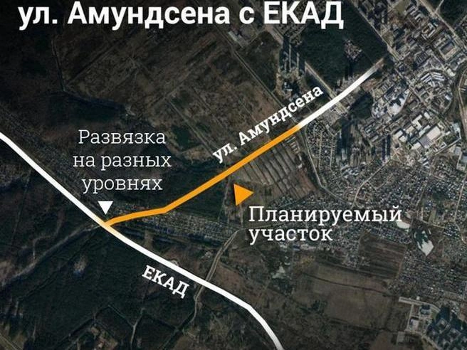 На схеме жёлтым цветом выделен участок дороги, предназначенный для нового выезда из Академического | Источник: Филипп Сапегин / E1.RU