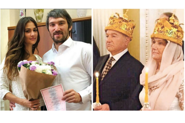 Александр Овечкин с супругой Анастасией Шубской и Юрий Лужков на венчании с женой Еленой Батуриной