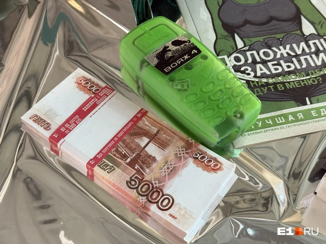 На открытии гостям раздавали пачки денег и зеленые телефоны (на самом деле это пейджеры, которые извещают гостей о готовности блюд) | Источник: Ирина Шутько / E1.RU