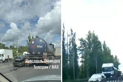 Под Ярославлем иномарка столкнулась с автоцистерной — видео