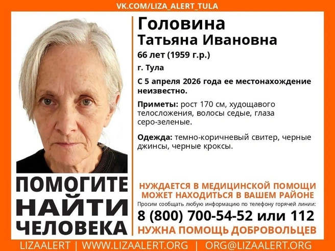 Ориентировка на пропавшую тулячку | Источник: Поисковый отряд «ЛизаАлерт» Тульской области / ВКонтакте