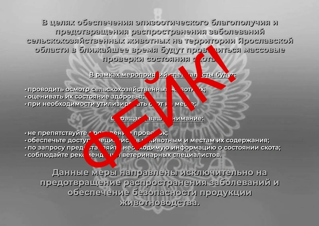 Мошенники публикуют фейковые сообщения о проверке состояния скота | Источник: Государственная ветеринарная служба Ярославской области