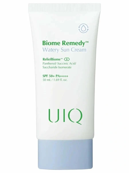 Описание Легкий увлажняющий солнцезащитный крем с постбиотиками UIQ SPF50 Biome Remedy™ Watery Sun Cream 