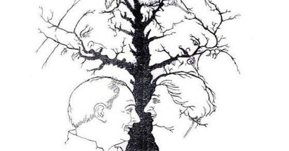 Сколько видите на картинке. Иллюзия дерево с лицами. Картины с двойным изображением. Двойственные изображения иллюзии. Дерево с лицом.