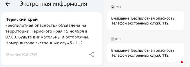 МЧС рассылает уведомление и в своём мобильном приложении, и через SMS-рассылку | Источник: мобильное приложение «МЧС»; SMS-рассылка