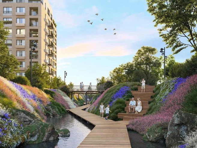 Во время дождей в дождевом саду нижние дорожки будут заполняться водой, создавая уникальную экосистему для отдыха и украшая район | Источник: Мидгард