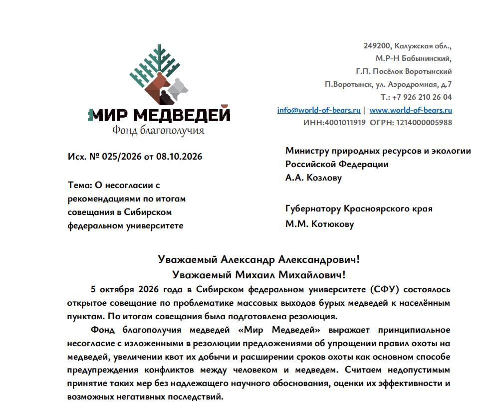 Минприроды Красноярского края пообещало за месяц разобраться с письмом зоозащитников о медведях