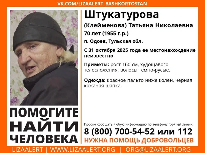 Ориентировка на пропавшую пенсионерку | Источник: Поисковый отряд «ЛизаАлерт» Тульской области / ВКонтакте