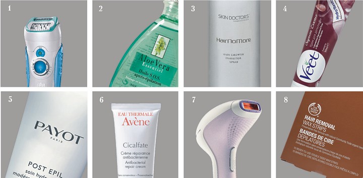 1. BRAUN Эпилятор Silk-epil 7 Dual Epilator. 2. YVES ROCHER Масло-SOS после эпиляции Aloe Vera Essentiel. 3. SKIN DOCTORS Спрей для замедления роста волос Hair No More. 4. VEET Крем для депиляции Suprem'Essence. 5. PAYOT Крем-гель для замедления роста волос Post Epil. 6. AVENE Заживляющий крем Cicalfate. 7. PHILIPS Фотоэпилятор Lumea. 8. THE BODY SHOP Восковые полоски.