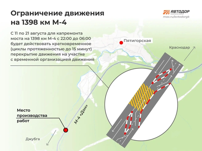 Участок на 1398 км трассы М-4 в Краснодарском крае будут перекрывать с 11 по 21 августа | Источник: «Автодор» / max.ru