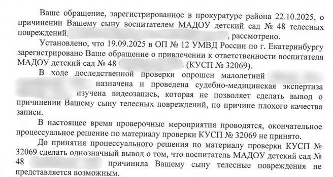В прокуратуре ответили Екатерине, что сделать однозначный вывод о вине воспитателя не представляется возможным | Источник: читательница E1.RU Екатерина