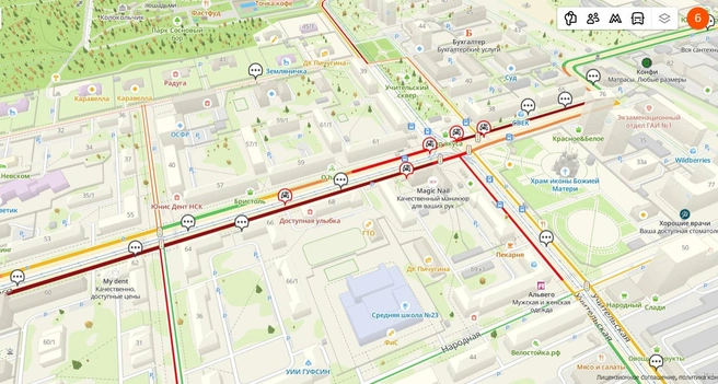 Место ДТП отображается бордовым цветом на карте | Источник: 2ГИС