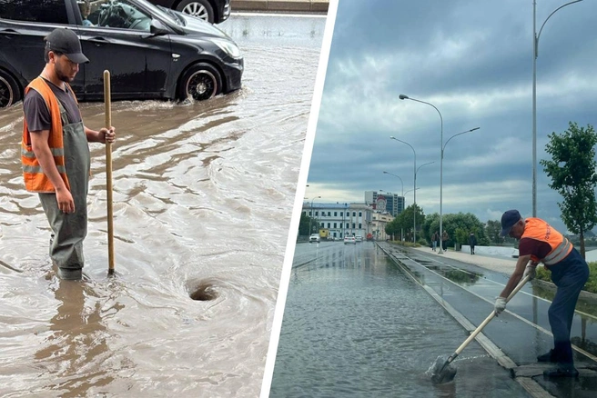 Дороги в очередной затопило из-за ливневок, которые забились мусором | Источник: Благоустройство Казани / T.me