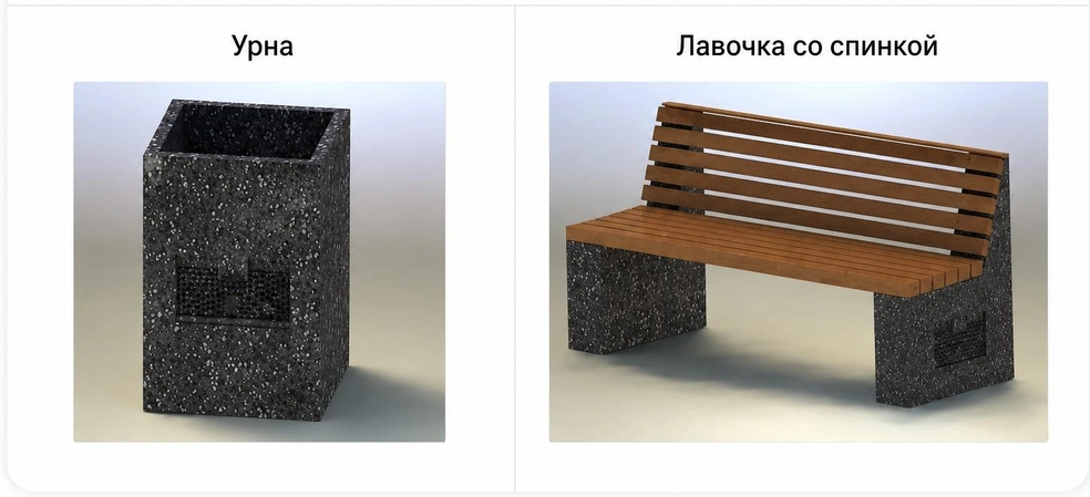 Такие урны и скамейки поставят в зеленой зоне | Источник: контракт на выполнение работ по благоустройству Сормовского бульвара