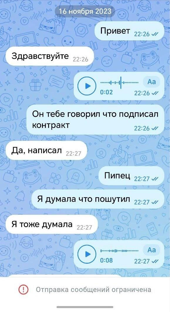 Судя по скриншоту переписки, девушка узнала о том, что Владимир подписал контракт в ноябре 2023 года. Расписалась пара уже после этого, в начале 2024-го. Хотя сама Алена уверяла, что о контракте узнала лишь после ЗАГСа | Источник: предоставлено Ириной Бернгард
