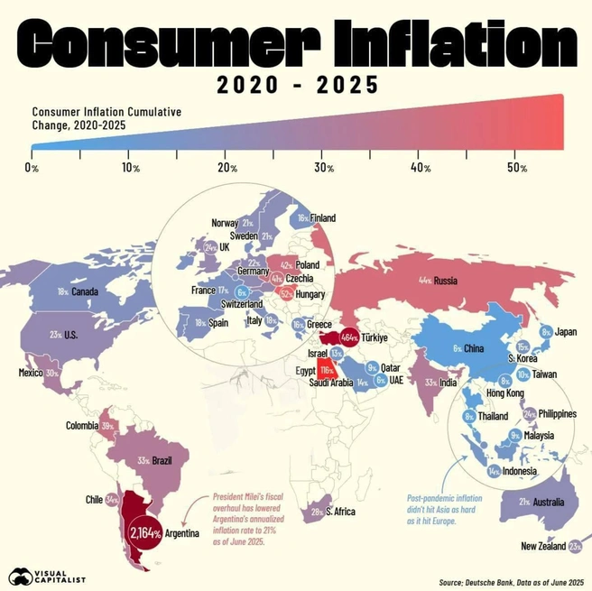 Карта потребительской инфляции в мире с 2020 по 2025 год | Источник: Visual Capitalist