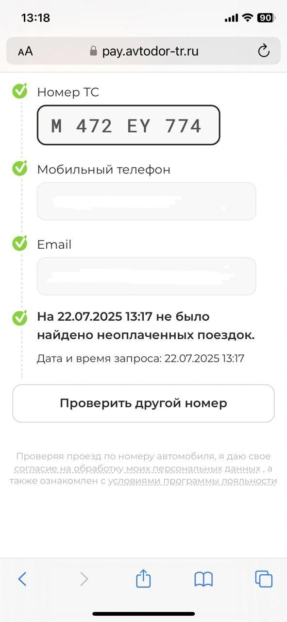 Скрин результатов проверки нашего автомобиля после оплаты проезда через сайт «Автодора» | Источник: Артем Краснов