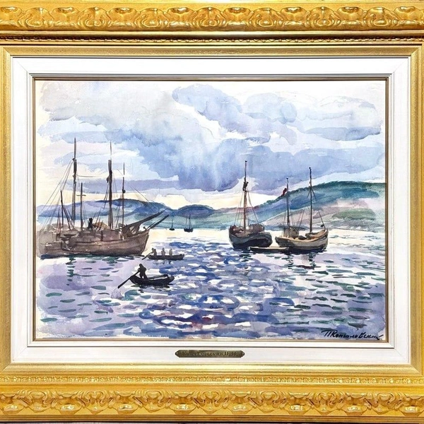 ЛОТ 131:Кончаловский Петр Петрович (1876-1956)Морской пейзаж. Шхуны. 1930-е гг. Бумага на картоне, графитный карандаш, акварель. 47,7 х 63,4 смЭКСПЕРТНОЕ ЗАКЛЮЧЕНИЕ: ВХНРЦ им. И. Э. Грабаря (эксперт Сергеева Д.В.) | Источник: ООО «ПАД»
