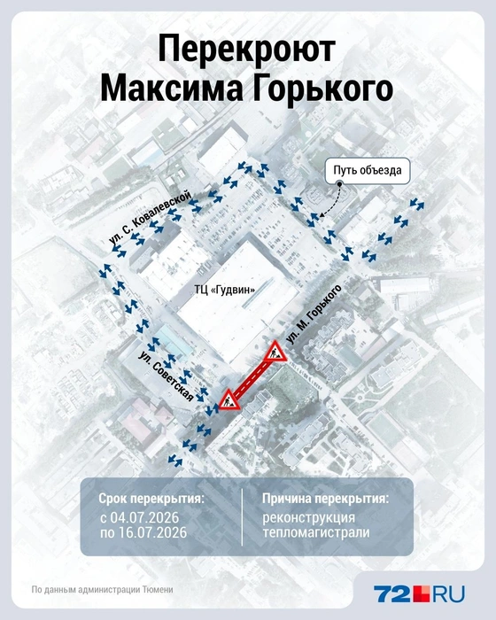 Карта перекрытия дороги на Максима Горького  | Источник: Дмитрий Гладышев / 72.RU 