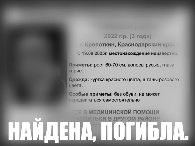 Девочку искали неделю | Источник: ДПО Юг Краснодарский край / T.me