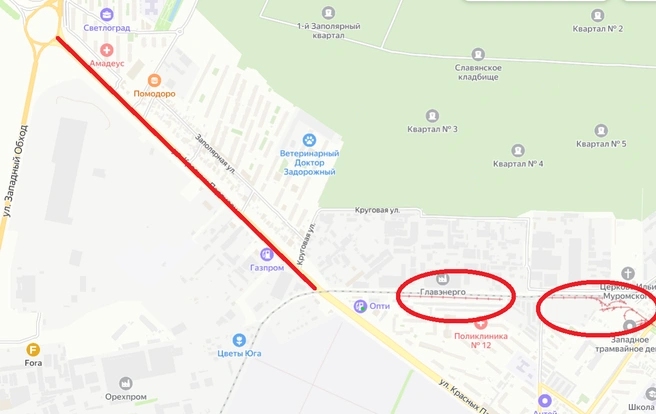 На карте красной линией отметили участок, который реконструируют, а в красные кружки обвели участки новой Западной трамвайной линии, которая будет выходить на Красных Партизан и далее на Западный обход | Источник: yandex.ru/maps