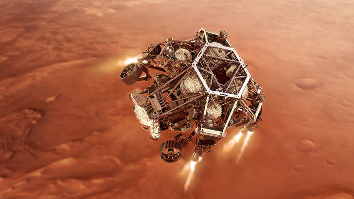 Марсоход НАСА Perseverance приближается к поверхности Марса, 18 февраля 2021 года.