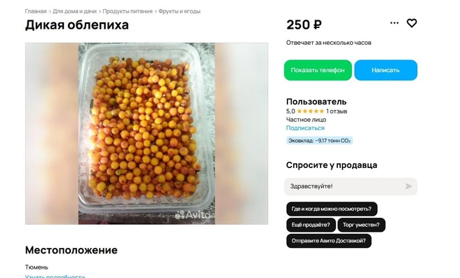 А вот и цены на ягоду. Этот продавец готов отдать литр за 250 рублей  | Источник: avito.ru