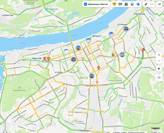 Пермские улицы в навигаторе раскрашены привычно, в основном, зеленым и желтым цветами | Источник: «Яндекс Карты»