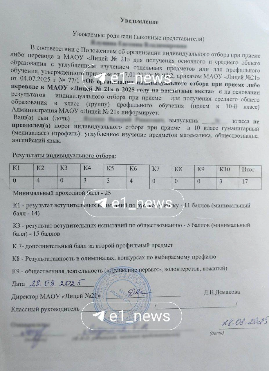 Подростку не хватило восьми баллов до поступления в лицей | Источник: читательница E1.RU