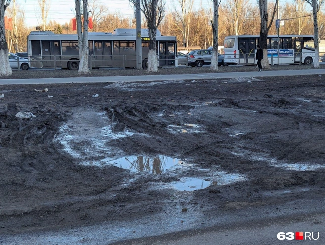 Видно, что грязь тут развели любители парковаться на газонах | Источник: Илья, читатель 63.RU