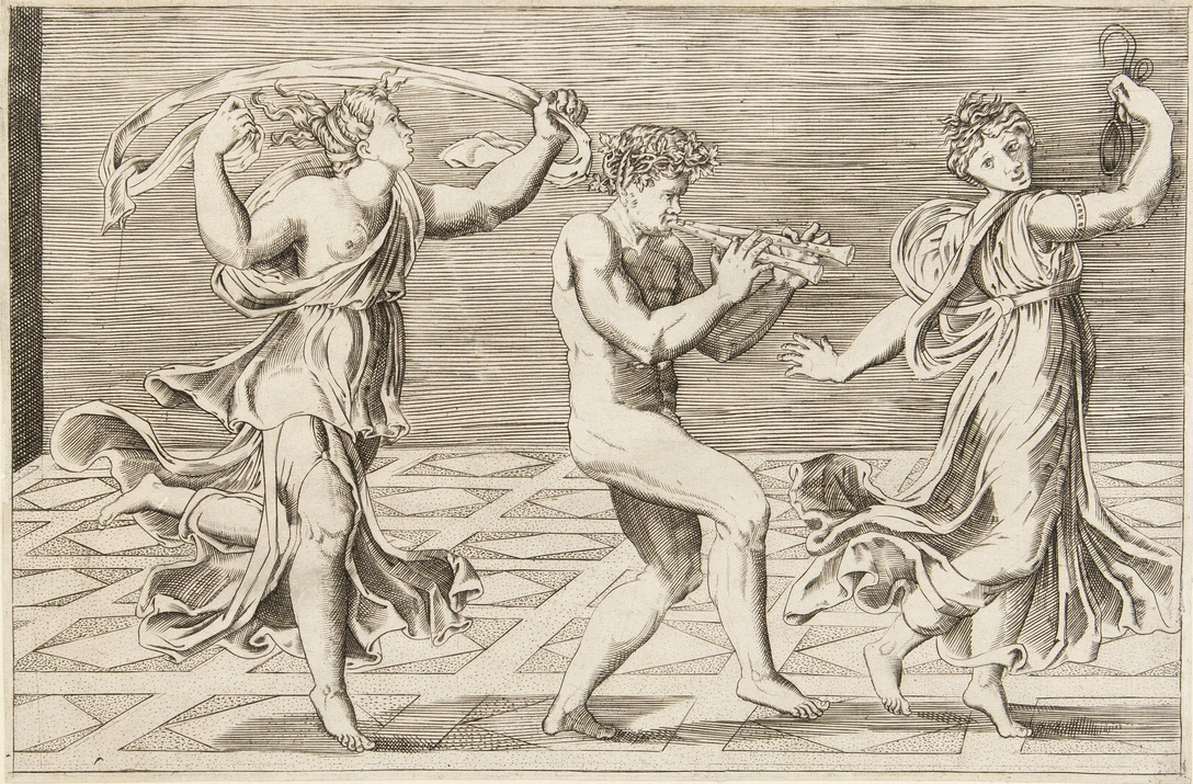 Неизвестный гравер по гравюре. Маркантонио Раймонди. Танец фавнов и вакханок. Лист из издания Speculum Romanae Magnificentiae. После 1553. Гравюра резцом. 175 × 268 | Источник: In Artibus