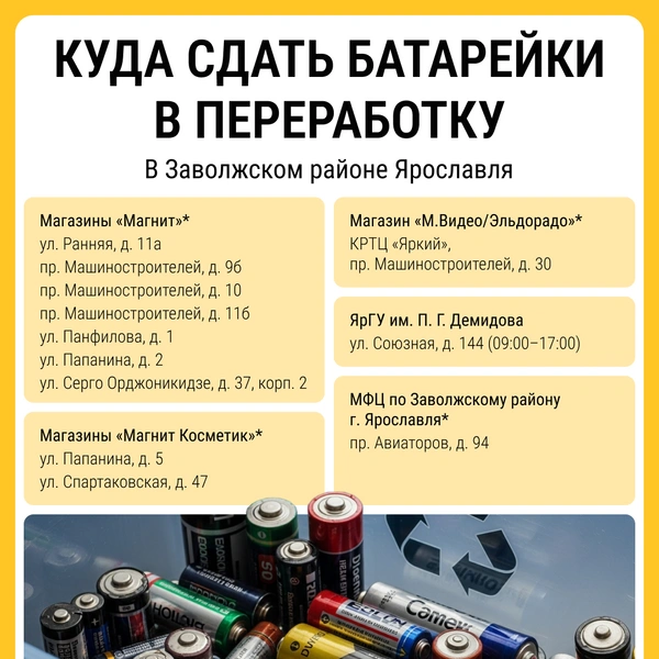 Куда можно сдать в переработку батареек в Заволжском районе | Источник: Мария Романова / Городские медиа