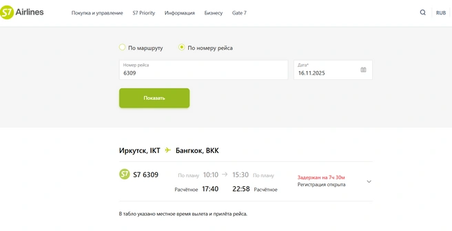 Информация по рейсу, который должен был вылететь сегодня утром | Источник: s7.ru