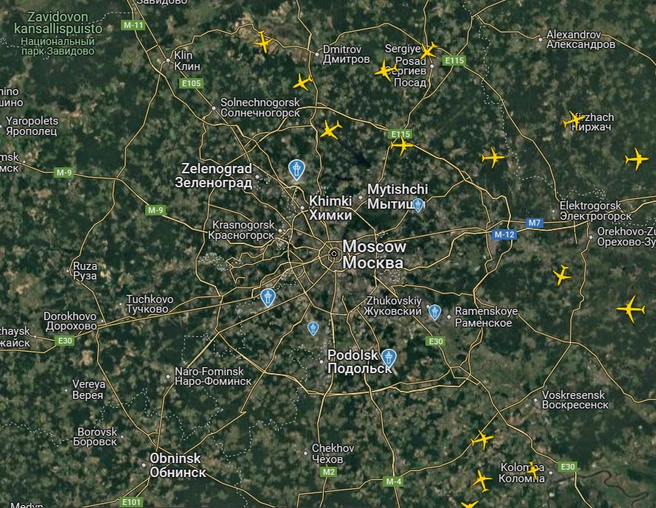 Активность самолетов над Москвой сейчас ниже обычной | Источник: Flightradar24.com