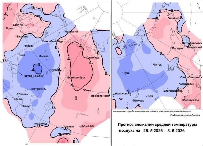 Юг России обозначен синим&nbsp;— тут холодно. Прогноз до 3 июня 2026 года | Источник: Прогноз Погоды от Александра Шувалов / Telegram