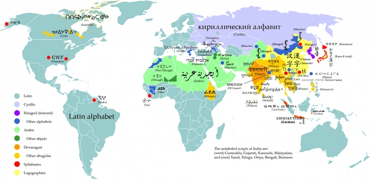 Карта: самые распространенные системы письма в мире